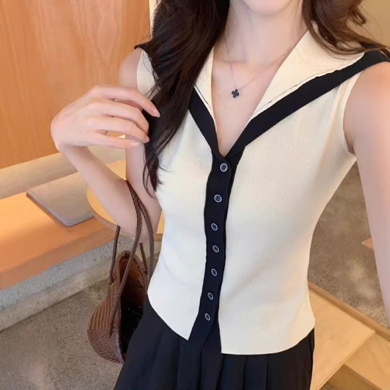 Contrast Color Navy Collar Sleeveless Knitted Camisole Women's Summer Pure Desire Style Sweet Design Sense Slim-fit Short Top