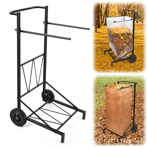 Wheeled garbage bag rack, adjustable metal leaf bag rack with 4 clips, heavy-duty outdoor mobile garbage rack