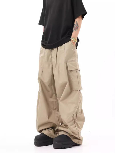 Vintage American style cropped hip-hop khaki work pants, baggy, loose, trendy, over-the-knee paratrooper pants