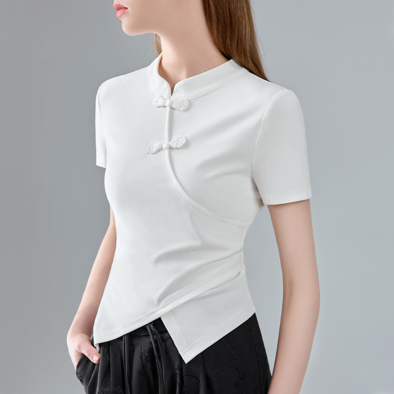 Nueva camiseta china de mangas cortas para mujeres verano 2024 nueva camiseta de estilo nacional con collar de hebilla de cintura irregular image 1