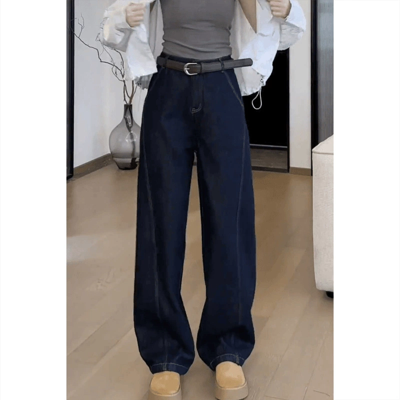 Темно-синий ятаган широкие джинсы женские весенние 2025 новая высокая талия тонкая, дизайн дикие штаны