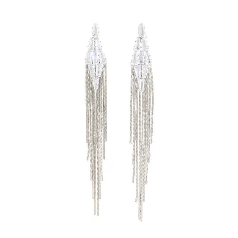 Exaggerated Long Chain Zircon Tassel Earrings Silver Drop Earrings_voghion.com