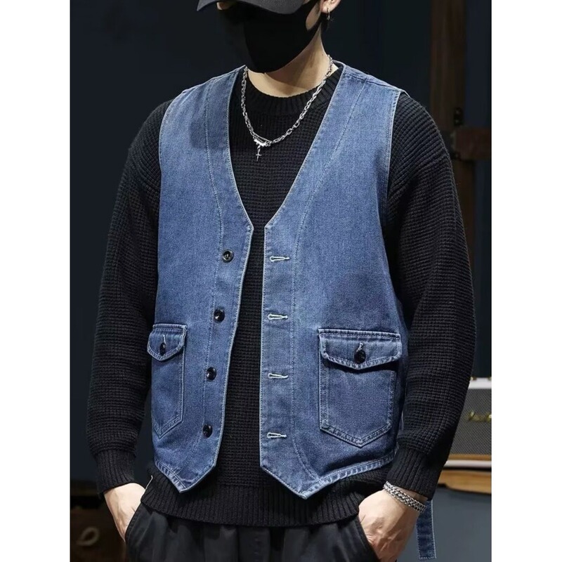 High Street Trendy Retro Denim Vest for Men, Spring and Autumn Ins Style, Stylish V-Neck Trendy Sleeveless Work Jacket