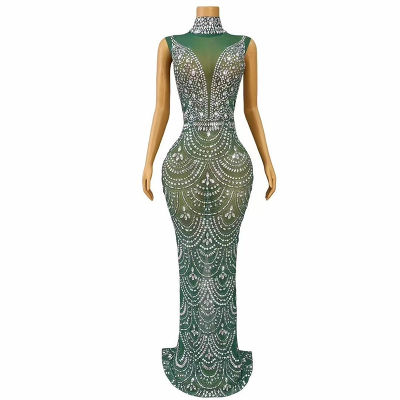 Cross-border European and American Women's Wear Mesh Yarn Perspective Hanging Neck Full Diamond Emerald Green Super Long Dress Dinner Auto Show Model dress Cross-border European and American Women's Wear Mesh Yarn Perspective Hanging Neck Full Diamond Emerald Green Super Long Dress Dinner Auto Show Model dress