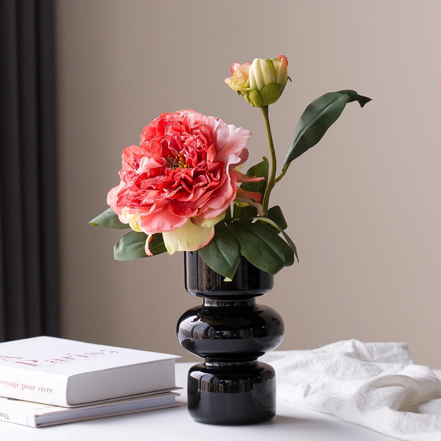 가벼운 럭셔리 모란과 Paeonia lactiflora 인공 꽃 장식 거실 유리 꽃병 장식 꽃 정리 가짜 꽃 고급 느낌 장식