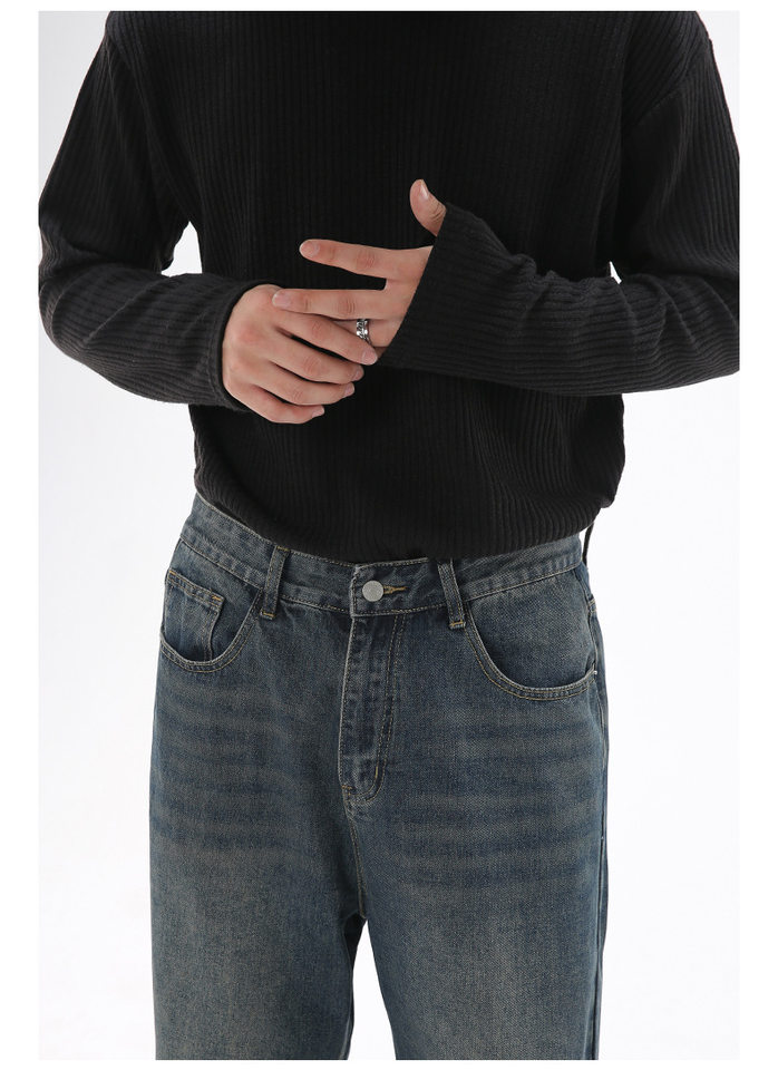 Quần jean nam ống rộng dáng suông cạp vừa vải denim xanh giặt nhẹ — Màu xanh lam chi tiết 8