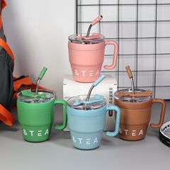 批發跨境喚醒咖啡保溫杯手柄480ml吸管不鏽鋼辦公水杯時尚ins風格