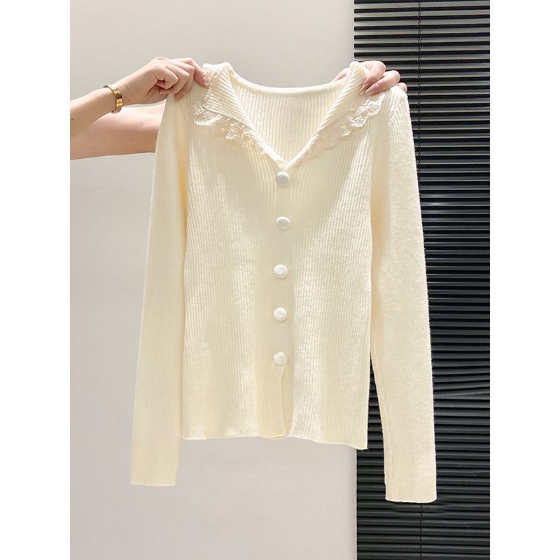 Lace Trim V-Neck Slim Fit Long Sleeve Knit Sweater for Women, New Winter Style with Button Slit, Soft and Cozy Pullover Top Lace Trim V-Neck Slim Fit Long Sleeve Knit Sweater for Women, New Winter Style with Button Slit, Soft and Cozy Pullover Top