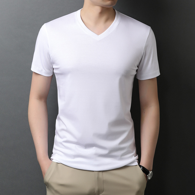 Double mercerized cotton men's T-shirt summer new leisure V-neck solid color liquid ammonia short sleeve men's cotton thin half sleeve shirt
