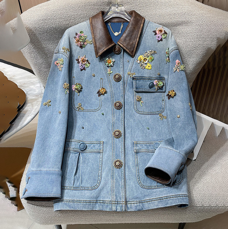 Denim Jacket 2025 Autumn/Winter New Style with Heavy Floral Embroidery, Beading, Sequins, Loose Fit, Slimming Effect, Turn-Down Collar, Women's Jacket Denim Jacket 2025 Autumn/Winter New Style with Heavy Floral Embroidery, Beading, Sequins, Loose Fit, Slimming Effect, Turn-Down Collar, Women's Jacket