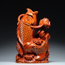 花梨木雕年年有鱼摆件家居客厅装饰鱼笔筒雕刻装饰送礼红木工艺品