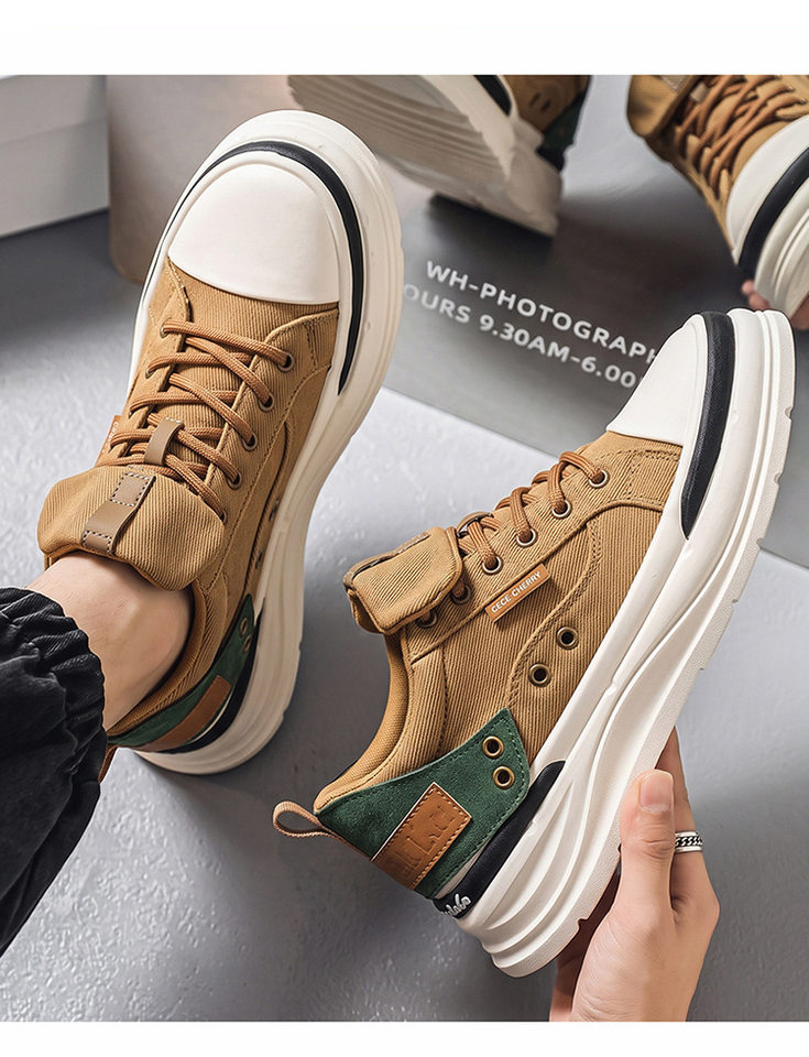 Giày vải nam cổ thấp phong cách retro, đế mềm tăng chiều cao, dây buộc — YH398 màu kaki, YH398 màu đen chi tiết 16