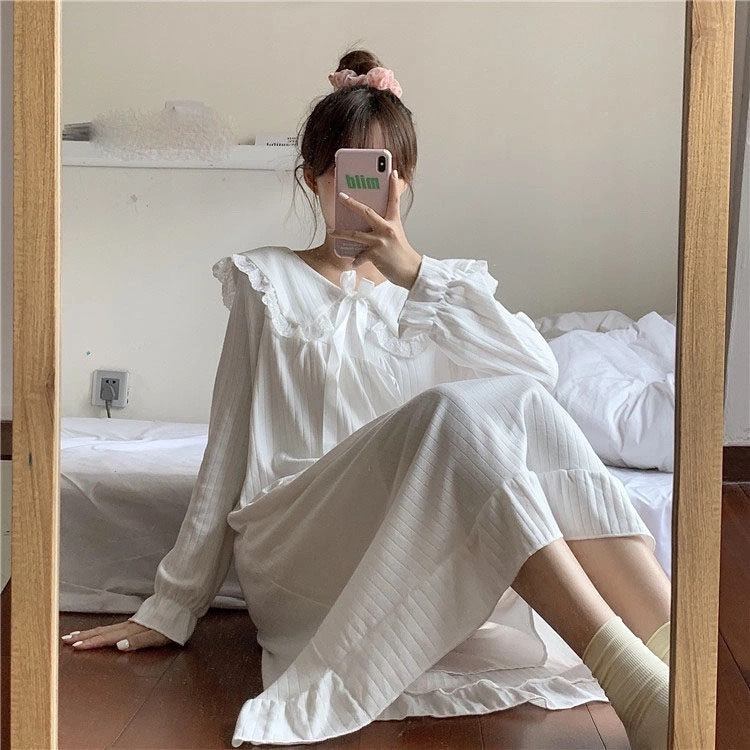 Pijama de mangas largas para mujeres pijamas de viento primavera y otoño para mujeres muñecas de hadas corte cuello princesa ropa de estilo para el hogar para mujeres