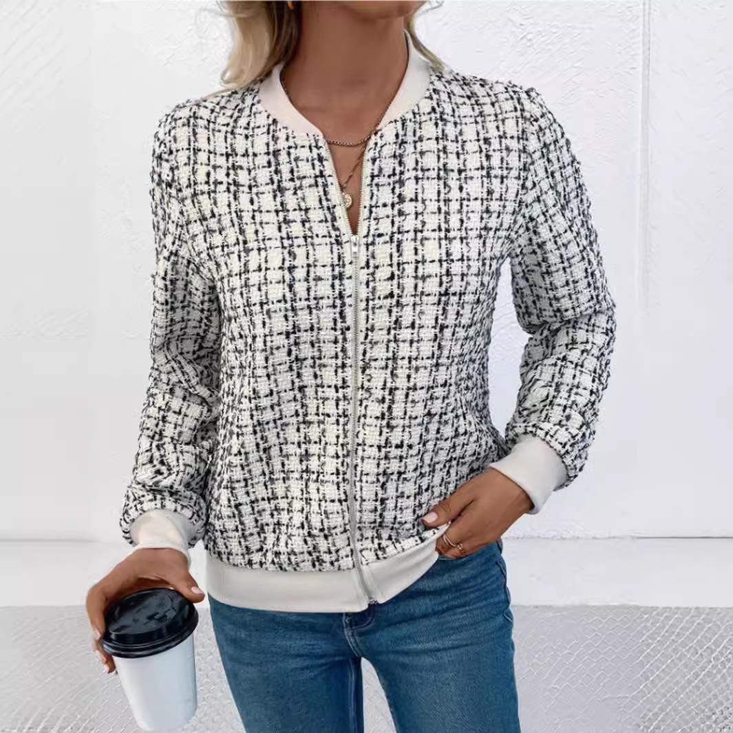 Damenbekleidung, neue Herbst-Langarm-Reißverschluss-verzierte Strickjacke, bedruckte Jacke, kleine Jacke_voghion.com
