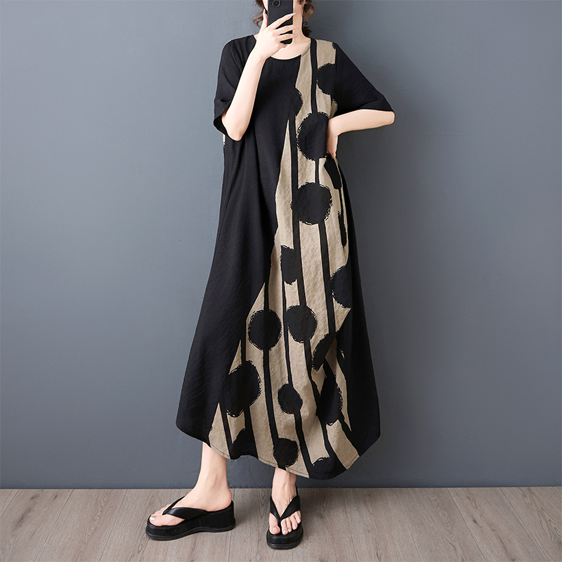 뚱뚱한 여성을 위한 여름 새 스타일 스플라이스 프린트 루즈 슬리밍 드레스 롱 비치 스커트의 실제 샷