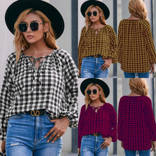 跨境亚马逊休闲长袖格纹V领系带衬衣外贸宽松格子衬衫上衣 女