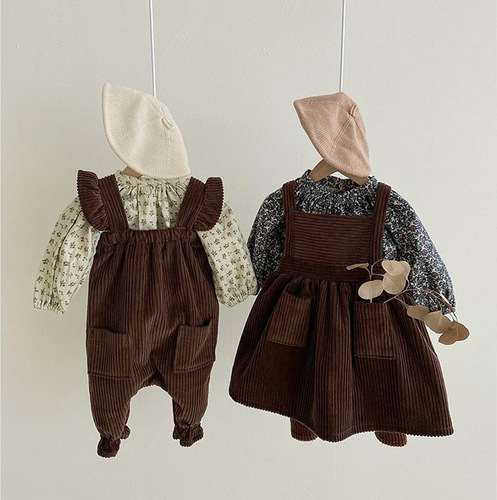  Korean version spring and autumn baby children's clothing corduroy dress 100-day-old baby girl forest style artistic vest dress