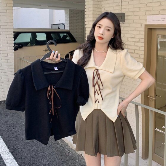 Large size sweet and spicy style polo collar strap design short sleeve shirt summer new bubble sleeve chic short top