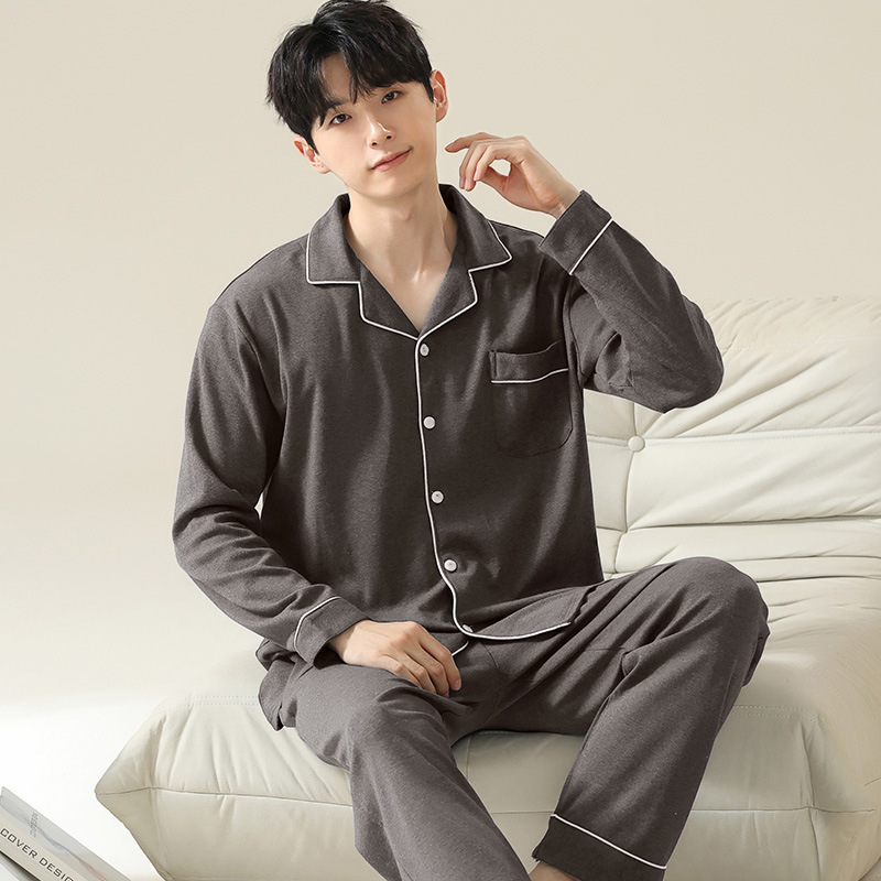 [100% cotton] pajamas men's spring and autumn cotton long-sleeved home wear suit simple casual high quality outer wear