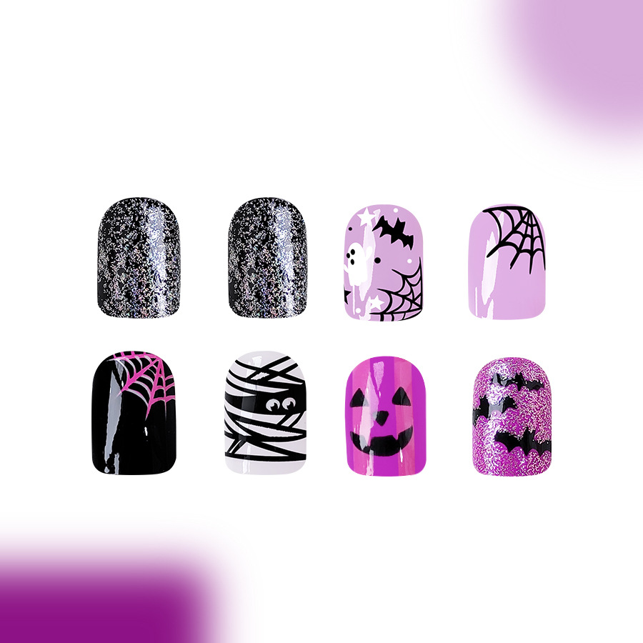 Halloween short glitter spider web bat grimace hot girl sweet fashion wear nail patch 96 24 x 4_voghion.com