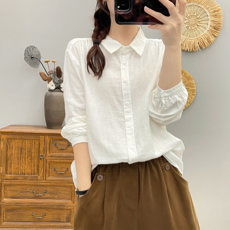 6602简约纯色双层棉纱长袖衬衣女 2025春秋新款休闲显瘦上衣 批发|undefined