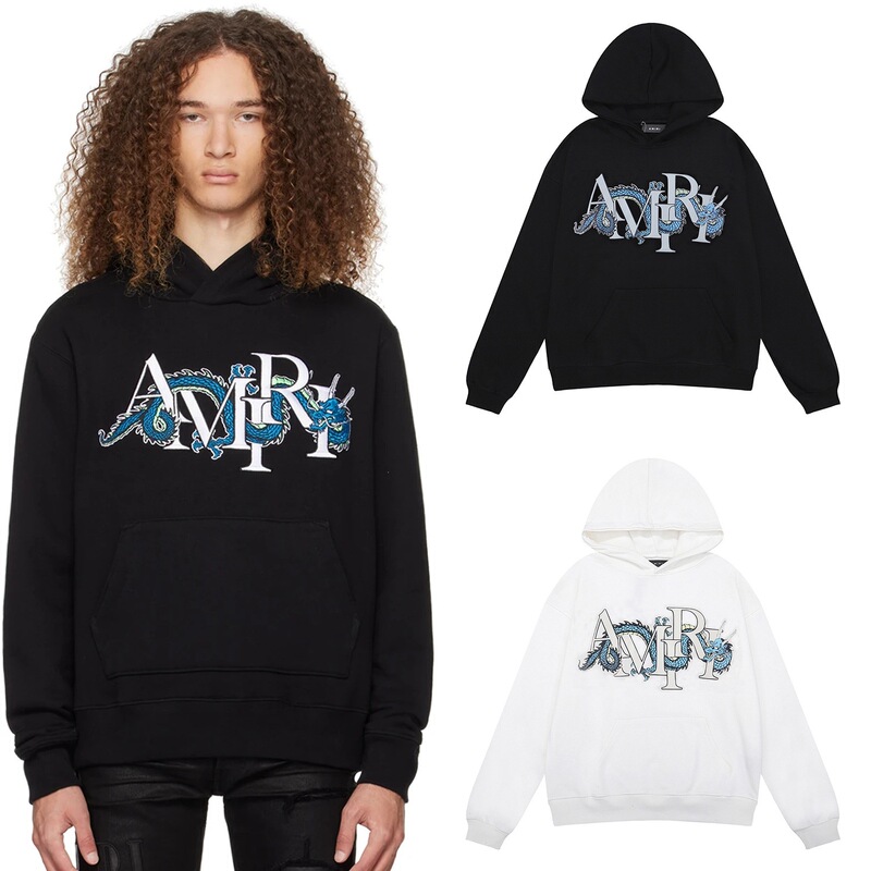 24Ss Popular European and American Trendy Brand Amiri Chinese Dragon Print High-Quality Unisex Lettered Hooded Sweatshirt