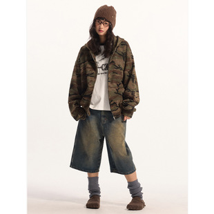 Mint Cat 2025 Spring New Real Shot American Retro Loose Camouflage Heavy Industry Hooded Sweatshirt Jacket