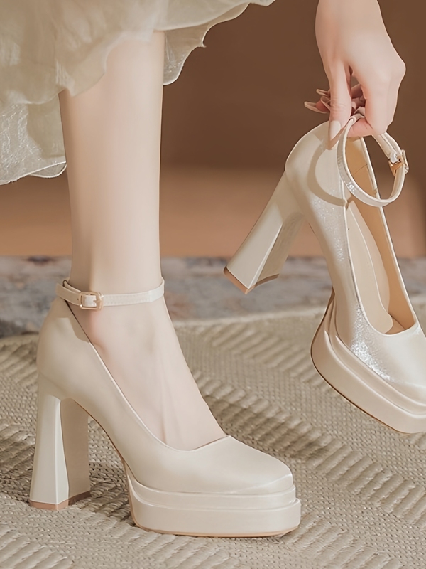 Chunky heel 11cm double platform Mary Jane high heels for performances, petite women's satin champagne-colored wedding shoes