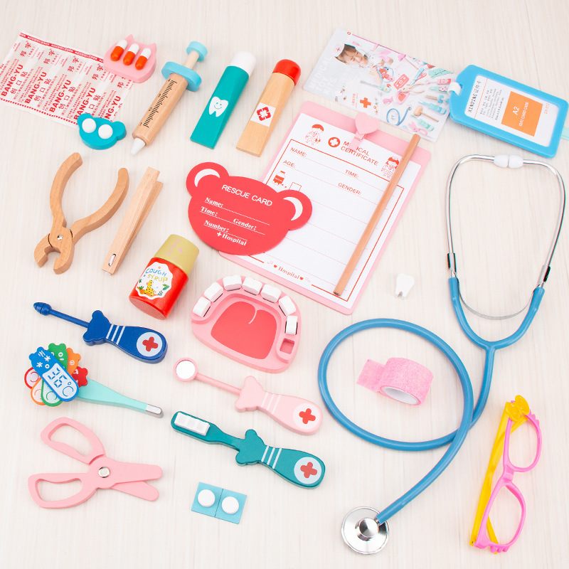 De los niños de madera simulación bolsa de tela caja de la medicina del bebé niños y niñas jugar a casa simulación doctor inyección juguete regalo