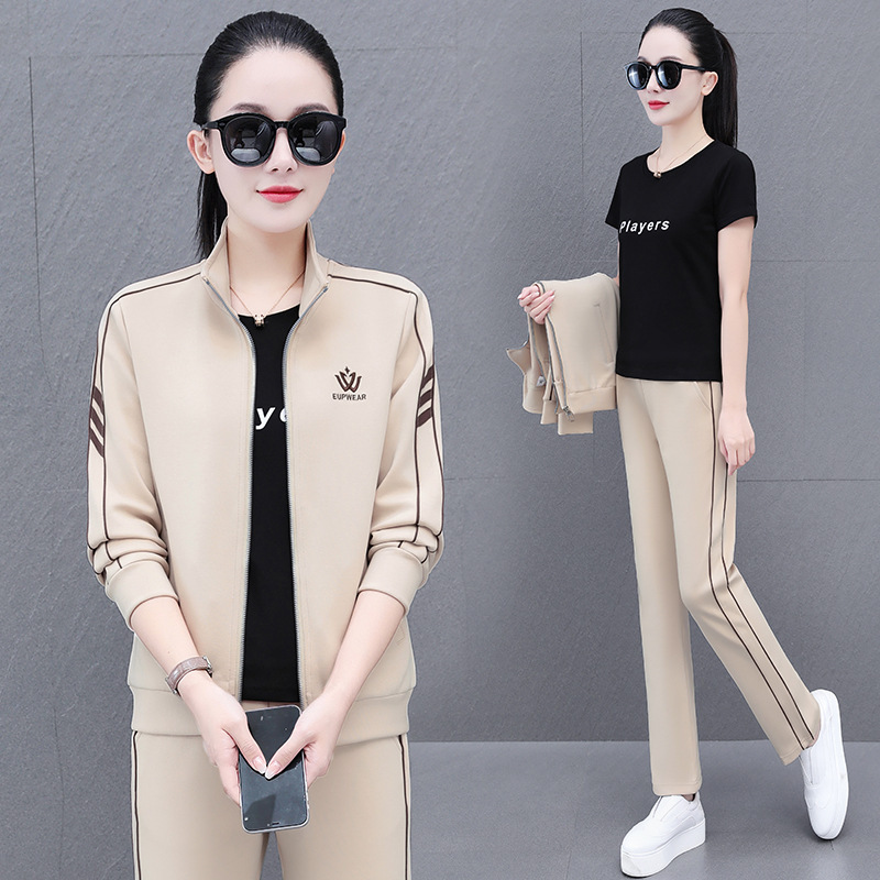 High Cotton Three-piece Set Fashion Casual Sports suit Women's Spring and Autumn New Middle-aged Mother's Straight Pants with Vertical Collar Cardigan