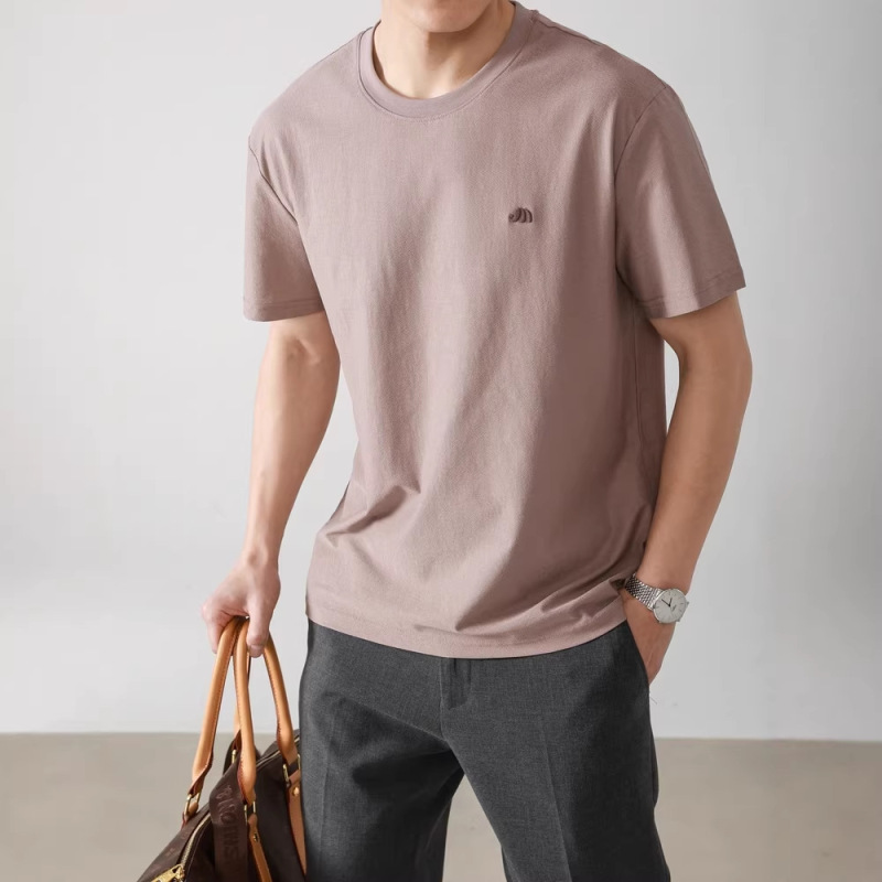 Shan Jueni 2026 High-End Old Money Style Men's Short-Sleeve T-Shirt with Textured Thin Embroidery and Round Neck Casual Top