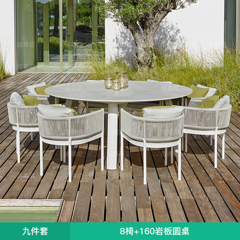 Mesas y sillas para exteriores, balcón con patio, protección solar y muebles de ratán impermeables para ocio, conjunto de mesa larga para terraza de jardín al aire libre image 16