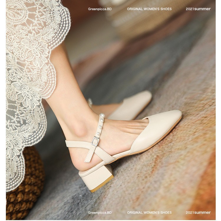 Sandalias de perlas de cabeza de hadas 2026 verano versátil tacones gruesos suaves zapatos de talón medio Mary Jane