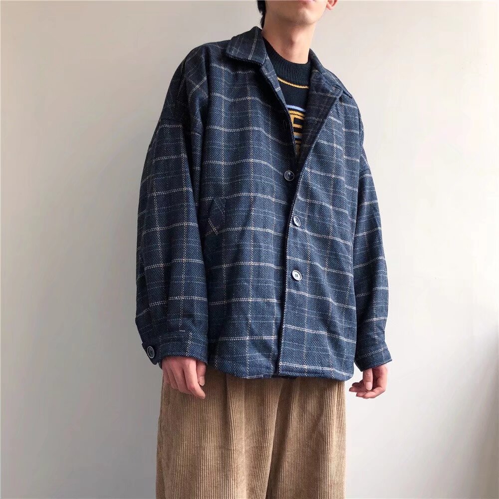 Woolen Plaid Jacket For Men, Loose, Trendy, Retro, Casual, Versatile, Student Top, Workwear Jacket_voghion.com