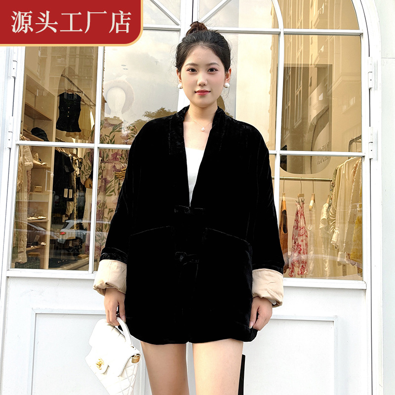 江南采桑子真丝丝绒中式复古古典V领外套棉衣棉服保暖唐装秋冬