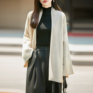 100%纯羊毛衫法式秋冬女七针加厚无扣针织开衫上衣外套宽松慵懒风
