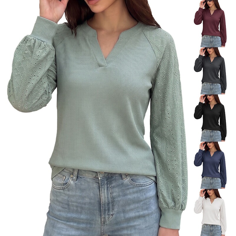 Amazon European and American cross-border e-commerce 2026 spring/summer new collection: solid-color V-neck, loose-fitting, long-sleeved, patchwork T-shirt, casual top Amazon European and American cross-border e-commerce 2026 spring/summer new collection: solid-color V-neck, loose-fitting, long-sleeved, patchwork T-shirt, casual top