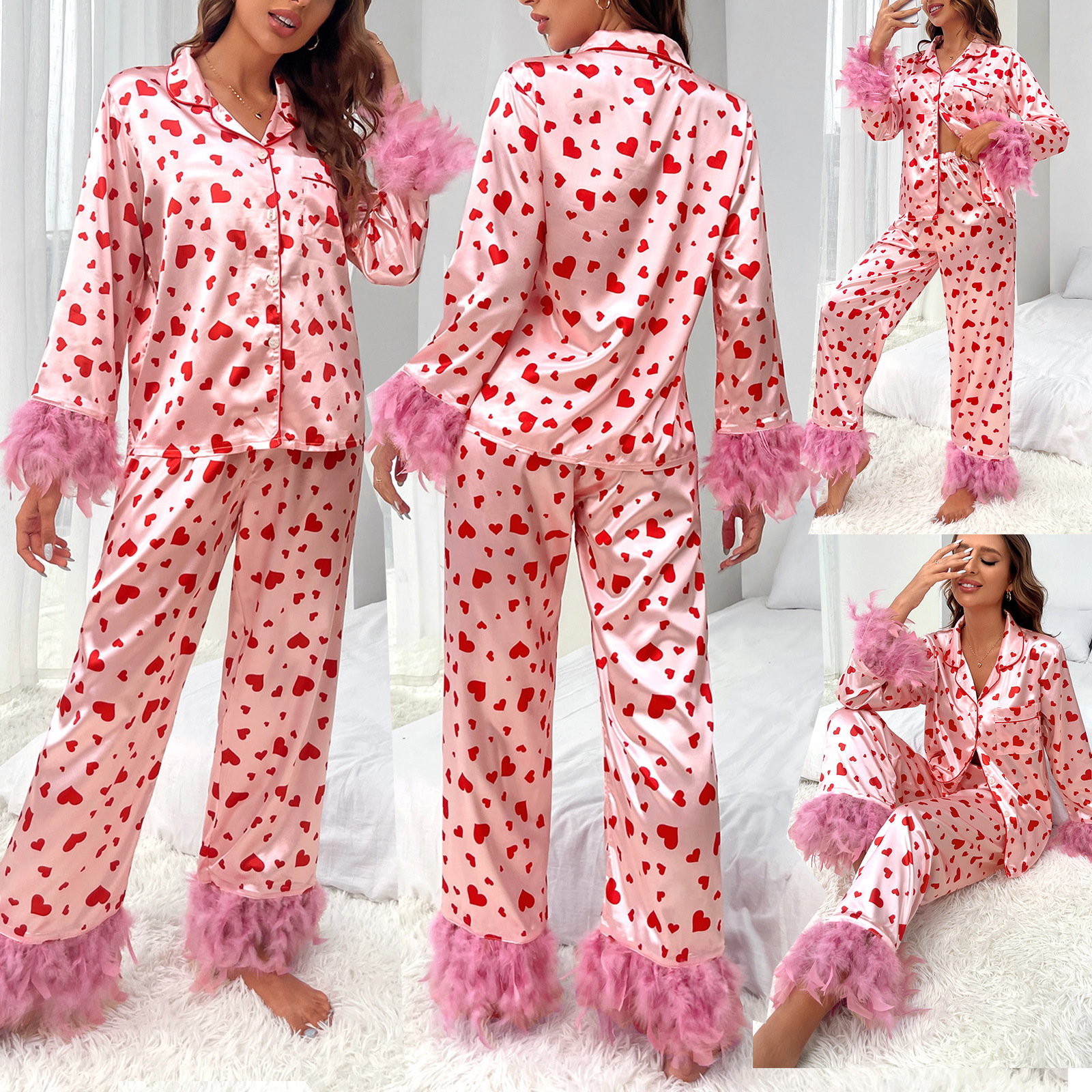 392g Weight Long Sleeve Sleeve Length Home Daily Sleeping Women's Elegant Heart Shape Polyester Pants Sets Pajama Sets