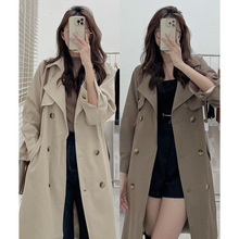 韓國chic秋冬法式復古西裝領雙排扣系帶收腰純色中長款風衣外套女