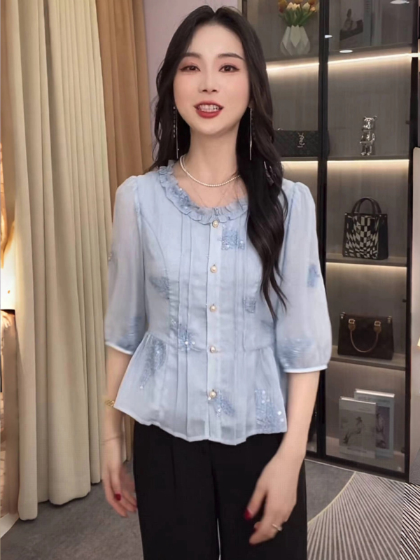 时尚花边圆领衬衫女2025早秋新款洋气显瘦外贸宽松遮肚百搭上衣潮|undefined