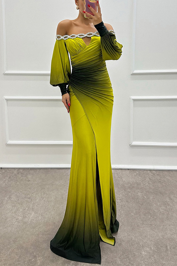 Abito da sera elegante monospalla a maniche lunghe per donna_voghion.com