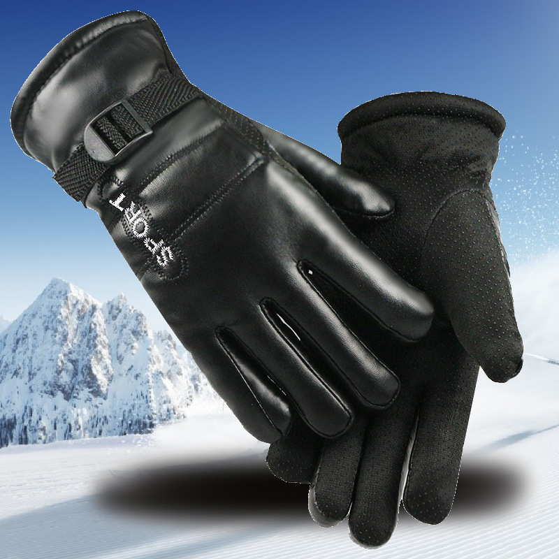冬季滑雪手套加绒加厚保暖男士户外电动车防寒防风防水皮革男手套