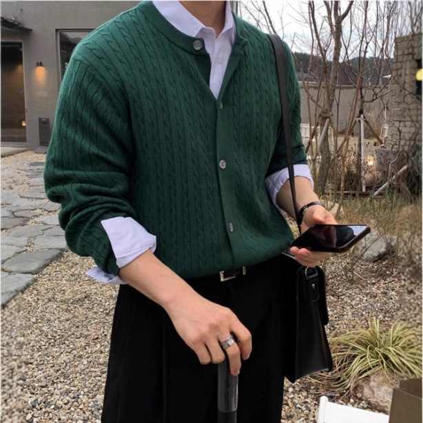 New Korean Men's Knitted Cardigan Autumn Versatile Niche Design Hemp Pattern High-End Sweater Casual Trendy Top