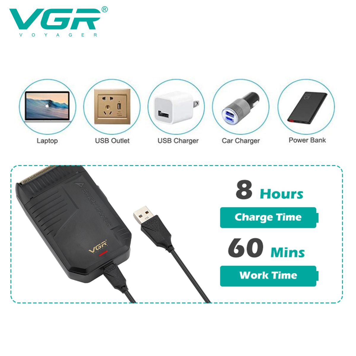 VGR375 Máquina de afeitar recíproca transfronteriza Cortapelos USB Máquina de afeitar eléctrica para hombre de viaje recargable