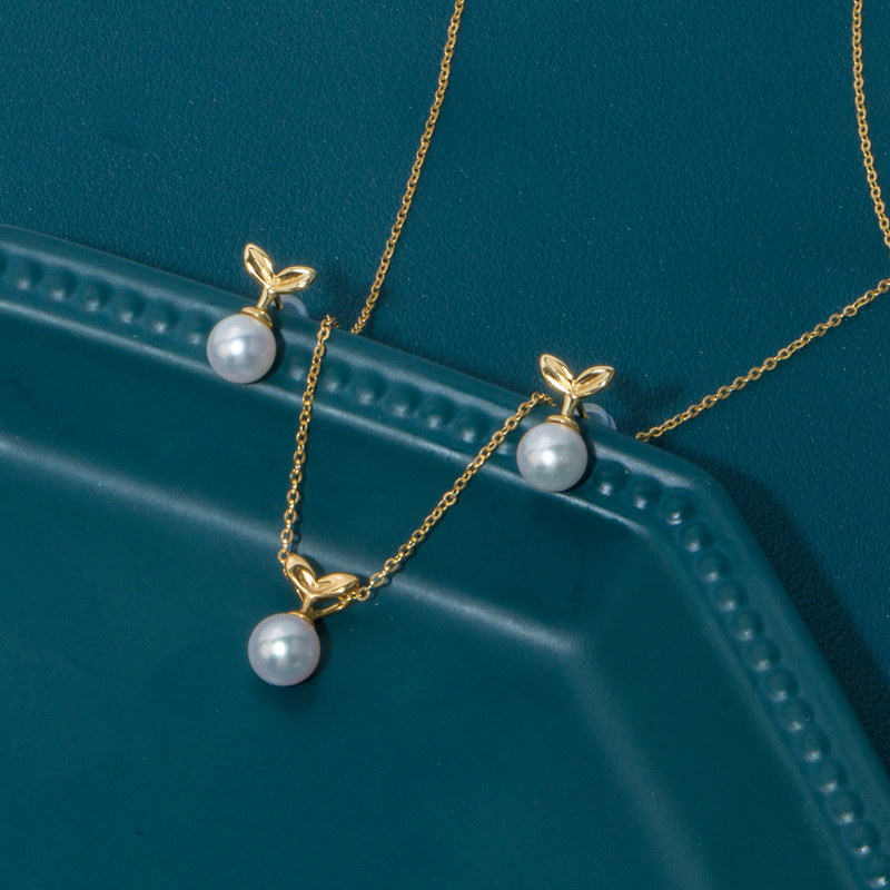 简约可爱风小草珍珠耳钉项链套装