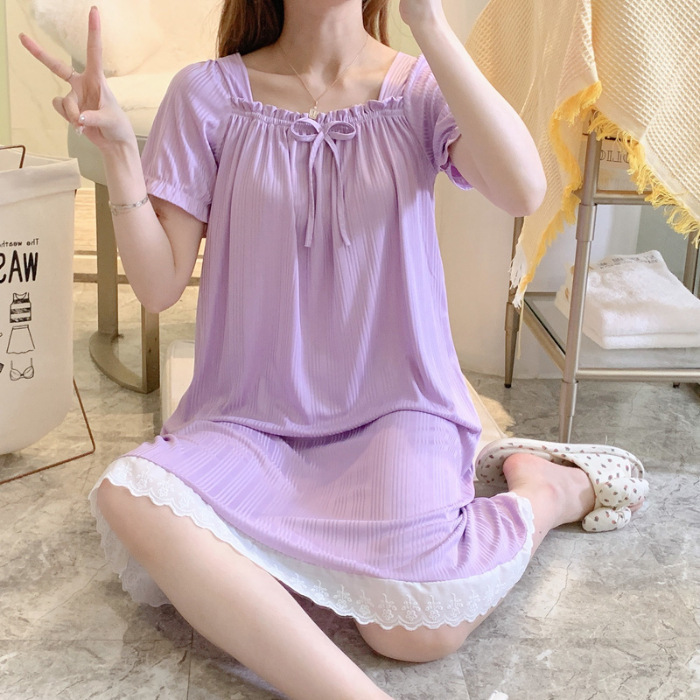 Verano delgado lindos pijamas bonitos rasgos de encaje un cuello de manga corta pijama vestido para el hogar de mujeres