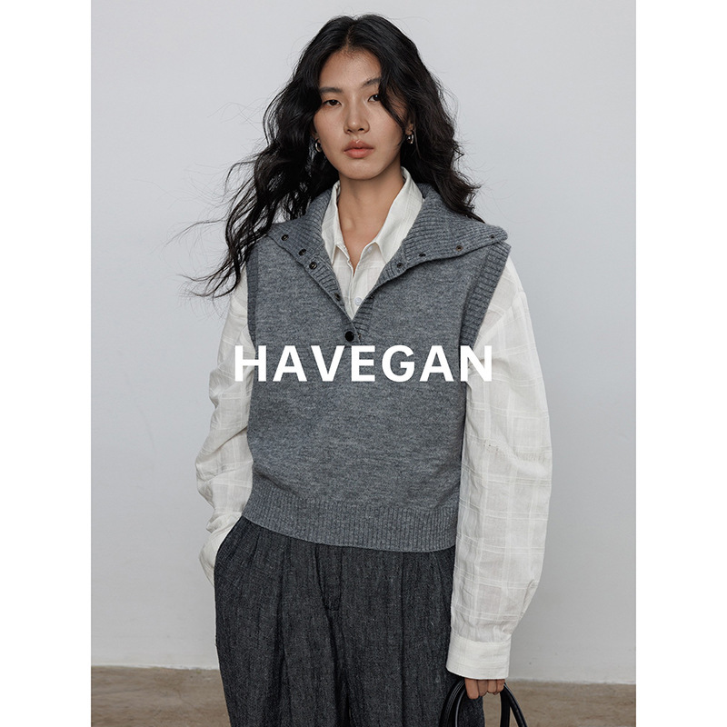 与间HAVEGAN/秋季翻领无袖针织马甲女软糯外穿毛衣背心慵懒上衣|undefined