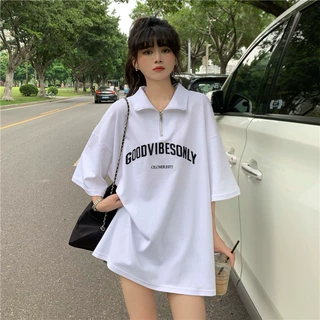短袖t恤女2025新款夏装半拉链polo领中长款宽松大码女装半袖上衣