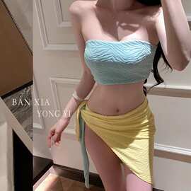 双色彩休闲度假三件套分体泳衣女挂脖抹胸性感辣妹比基尼温泉泳衣