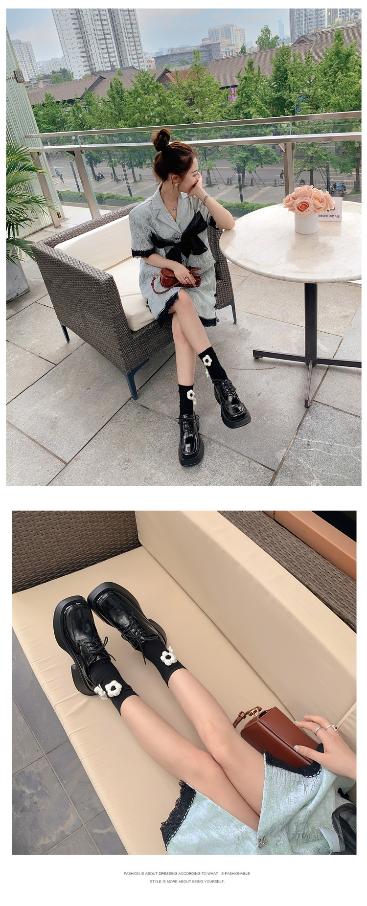 Giày loafer nữ đế xuồng platform da thật buộc dây phối màu đen trắng — màu đen chi tiết 9